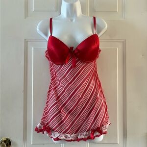 Elegant Red Striped Chemise with Lace Trim